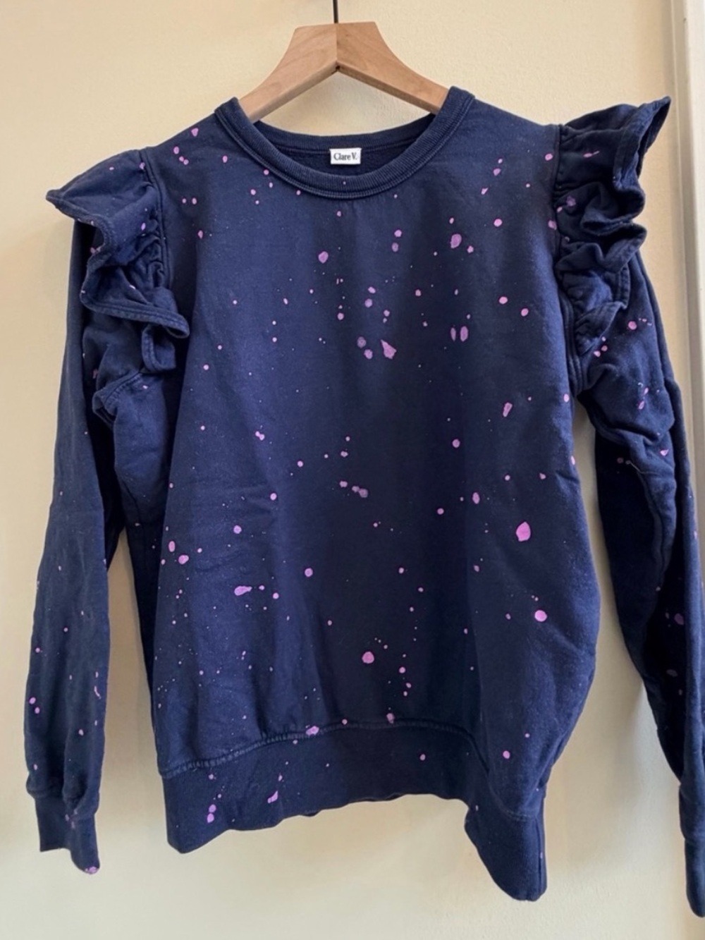 Clare v Ruffle Sweatshirt - Navy w/ Lavender Splash original $185